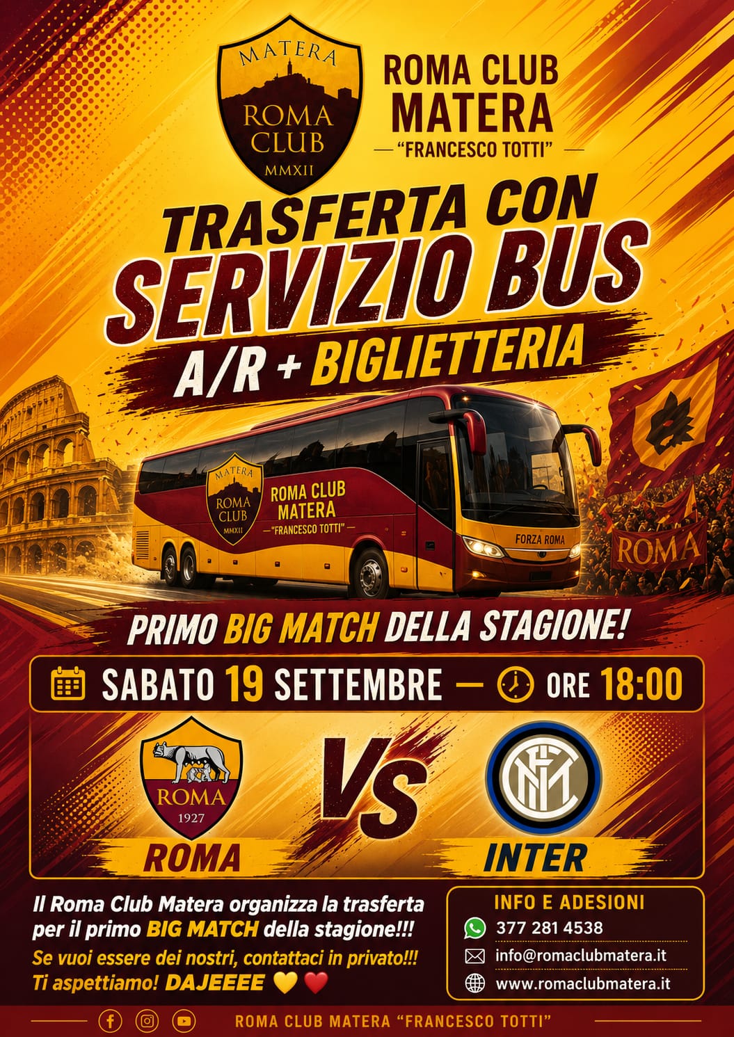 Locandina del Roma Club Matera Francesco Totti: trasferta con servizio bus A/R e biglietteria per Roma-Inter, sabato 19 settembre 2026 ore 18:00